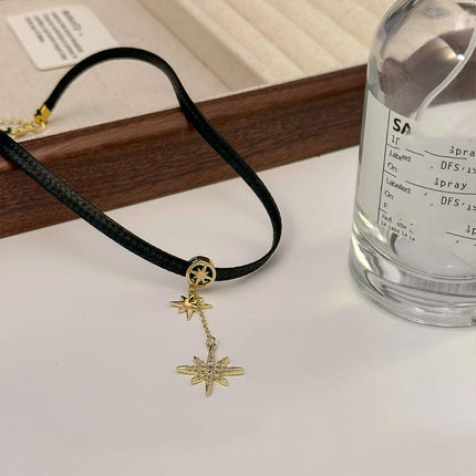Unique Octagram Star Pendant Leather Rope Necklace Fashion Jewelry for Women