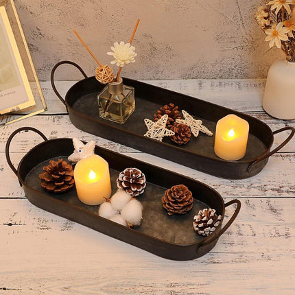 2Pcs Metal Galvanized Tray Metal Decor Chic Farmhouse Tray Centerpiece Oval Tray