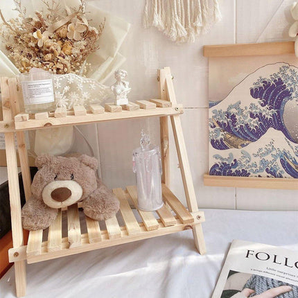 Wooden Desktop Storage Rack Double-Layer Desktop Storage Shelf Folding Organizer