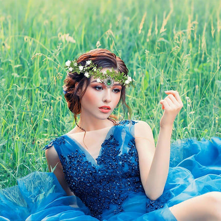 Handmade White Green Pendant Flower Crown Headband Wedding Fairy Elf Cosplay