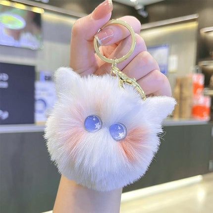 Plush Kitten Head Cartoon Keychain Rabbit Hair Pompom Keyring Bag Ornaments Gift - Aimall