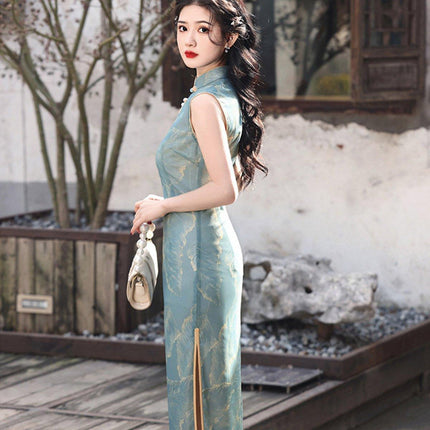 Retro Mesh Printed Double Layer Sleeveless Cheongsam Mid Length Improved Design