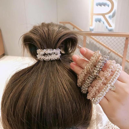 Women Rope Scrunchie Ponytail Holder Pearl Beads Elastic Hair Band Hair Tie Rope - Aimall