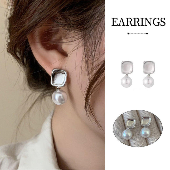 Elegant Smooth Metal Square Imitation Pearl Earrings Simple Jewelry for Women