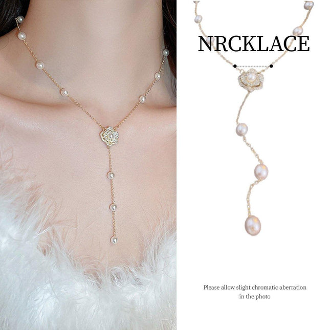Gold Flower Pearl Tassel Necklace Elegant Temperament Jewelry Gift for Women
