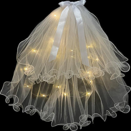 Bow Flower Girl Children Kids Hair Head Veil pearl with Lamp Flashing Wedding - Aimall