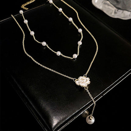 Gold Pearl Camellia Long Tassel Necklace Elegant Airy Jewelry for Women Gift