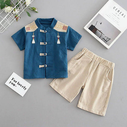 Boys Short Sleeve Suit Chinese Style Hanfu Cotton Linen Thin Two-Piece Set