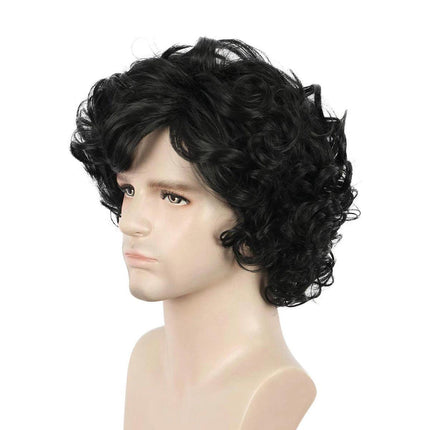 Mens Short Curly Hair Wig Black Natural Looking Hairpiece for Daily Costume Use