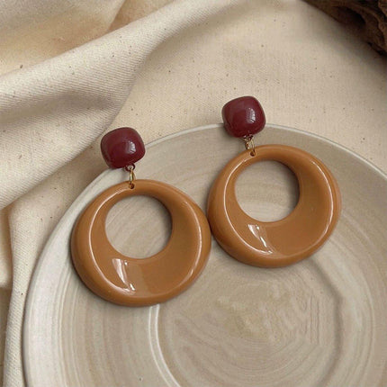 Vintage Caramel Large Circle Dangle Earrings Women Girls Retro Boho Fashion