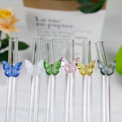 8pcs Colourful Butterfly Glass Straw Reusable Heat Resistant Proof MultiColours