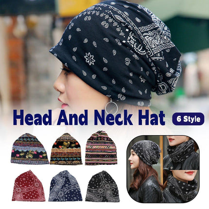 Ethnic Style Cotton Flower Stripe Pullover Cap Dual Purpose Turban Hat for Women