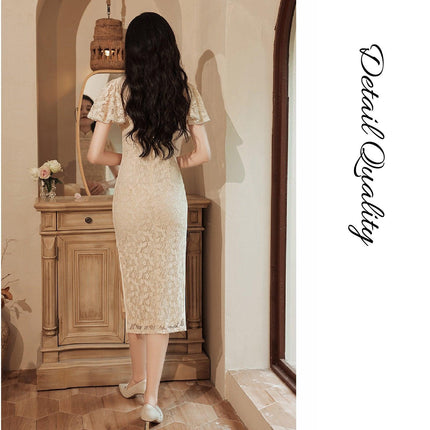 Mid-Length Lace Cheongsam Dress Retro Improved Slim-Fit Chinese Qipao Gown