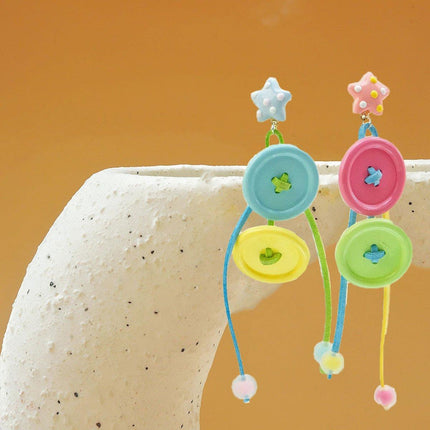 Candy-Coloured Braided Button Earrings Long Tassels Fashion Jewelry Gift