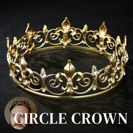 Gold King Crown Alloy Royal King Crown for Men Full Round Crowns Wedding