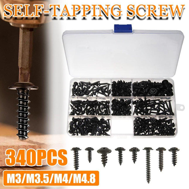 340PCS Black Self Tapping Screws Assortment for Metal Wood Repair and Fixing