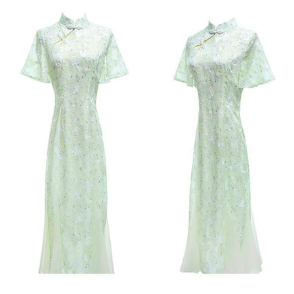 Chinese Traditional Cheongsam Women Lace Embroidered Qipao Evening Dress - Aimall