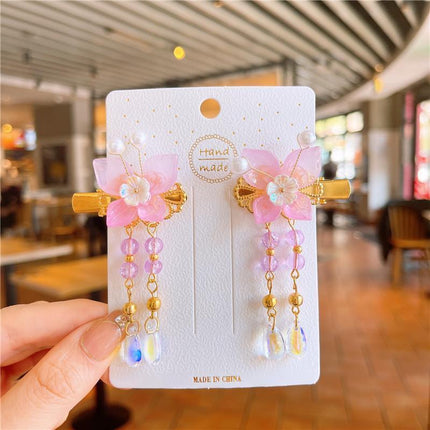 2Pcs Hanfu Flower Hair Clip Pearl Tassel Butterfly Hairpin Female/Children Party - Aimall