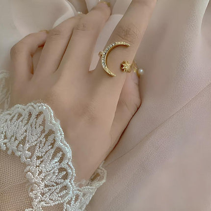 Alloy Star Moon Opening Rings Rhinestone Crescent Couple Ring Women - Aimall