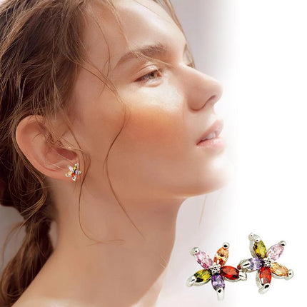 Colourful Petal Zircon Earrings Silver Ladies Wedding Party Christmas Gift - Aimall