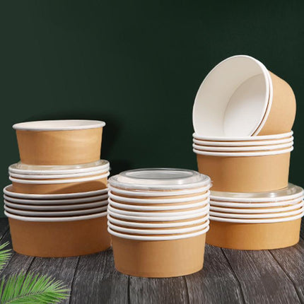 Take-Away Kraft Paper Salad Bowl Food Grade Takeout Tableware Food Bowl With Lid - Aimall