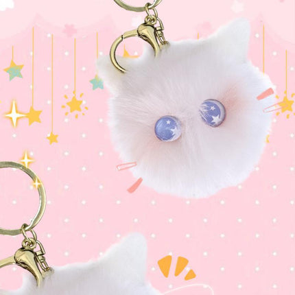 Plush Kitten Head Cartoon Keychain Rabbit Hair Pompom Keyring Bag Ornaments Gift - Aimall