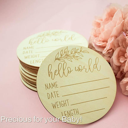 Hello World Baby Birth Announcement Plaque Wooden Disc Introducing Name Card - Aimall