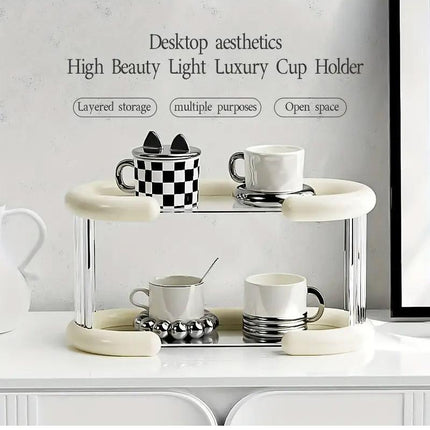 2 Tier Mug and Cup Organiser Double Tier Shelf Rack Storage for Kitchen and Home