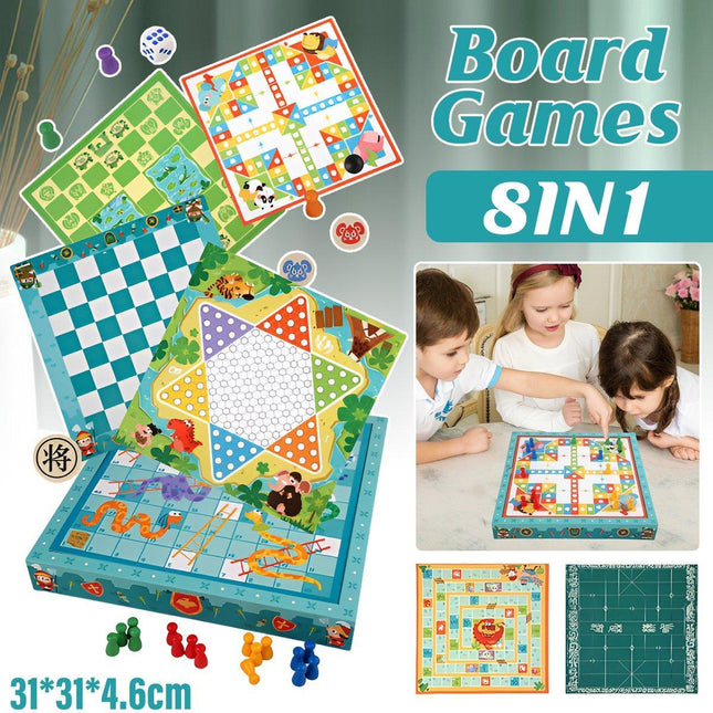 8-in-1 Board Game Set Chess Games Board Toy Backgammon Checkers Snakes Ladders - Aimall