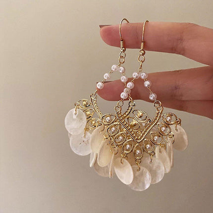 Shell Tassel Earrings Court Style Geometric Scalloped Design Fashion Jewelry