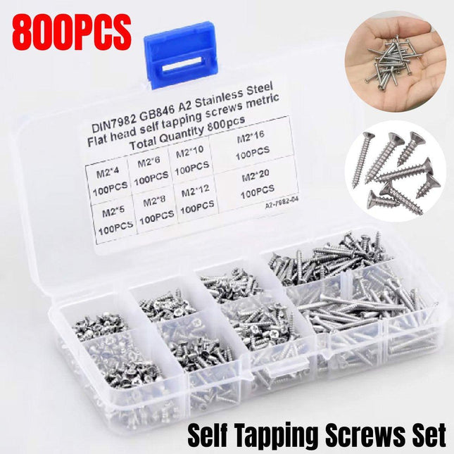800Pcs M2 Kit Assorted 304 Stainless Steel Self Tapping Screw Cross Flat Head