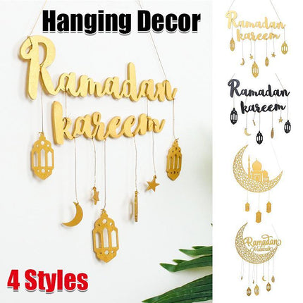 Ramadan Kareem Wooden Ornament Eid Mubarak Islam Mosque Party Hanging Decor Aimall