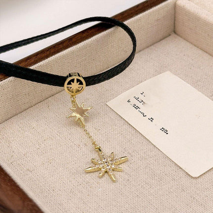 Unique Octagram Star Pendant Leather Rope Necklace Fashion Jewelry for Women