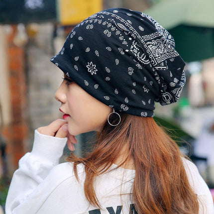 Ethnic Style Cotton Flower Stripe Pullover Cap Dual Purpose Turban Hat for Women