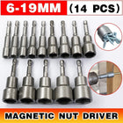 14 Size Socket Magnetic Nut Driver Set Drill Bit Adapter 1/4'' Hex Shank 6-19MM - Aimall