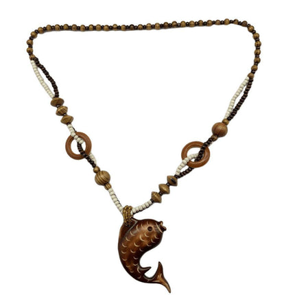 Long Wood Necklace with Fish Pendant Unique Fashion Jewelry Ornament