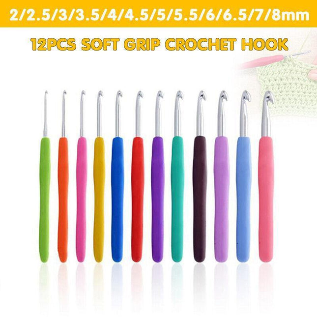 12Pcs/Set Crochet Hook Soft Grip Handles Multi-Colour Aluminum Knitting Needles - Aimall