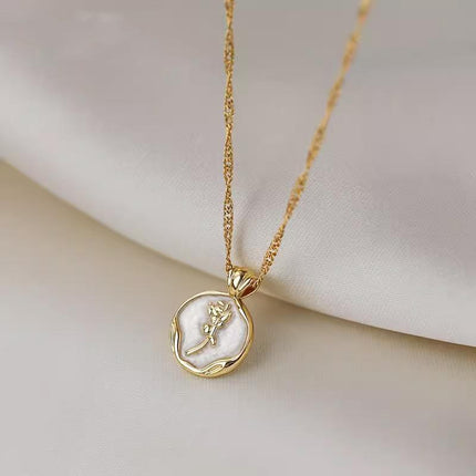 White Gold Plated Round Rose Natural Shell Pendant Necklace Pearlescent Gift - Aimall