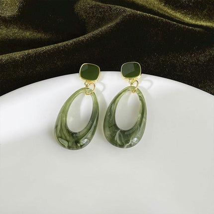 Retro Glossy Green Resin Earrings Women Fashion Round Dangle Jewelry Gift