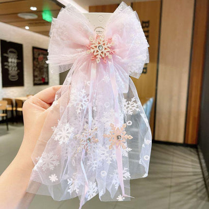 Girls Snowflake Hair Clip Tulle Veil Bow Barrettes Christmas Hairband Gift Party - Aimall