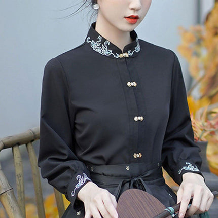 Chinese Style Women Autumn Standing Collar White Shirt Fashion Inner Tops