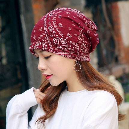 Ethnic Style Cotton Flower Stripe Pullover Cap Dual Purpose Turban Hat for Women