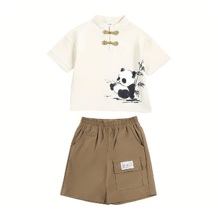Boys Short Sleeve Panda Print Summer Cotton Outfit Casual Two Piece Set