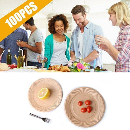 18CM Disposable Brown Paper Plates Dinner Dessert Party Plate Eco-Friendly Bulk - Aimall