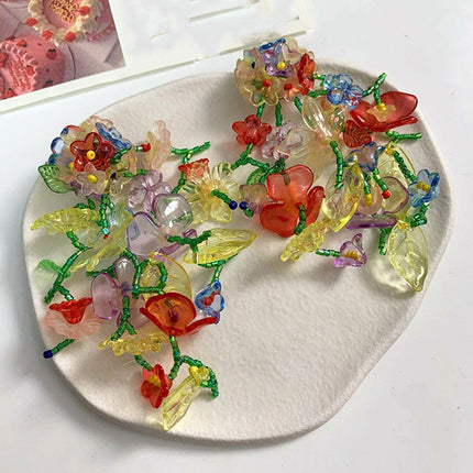 Colourful Flower Long Drop Earrings Elegant Sweet Jewelry for Women Fashion Gift