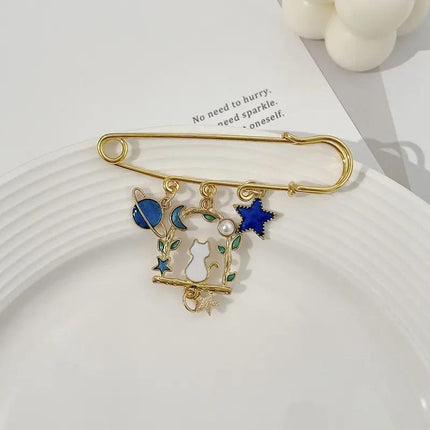 Cartoon Metal Brooch Cute Cat Swinging With Planet Moon Pendant Brooch Pin - Aimall