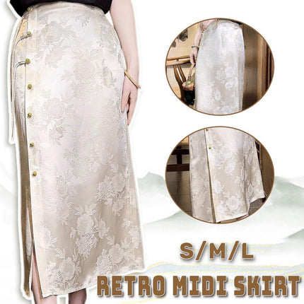Retro White Cheongsam Style High Waist Slit Skirt for Women