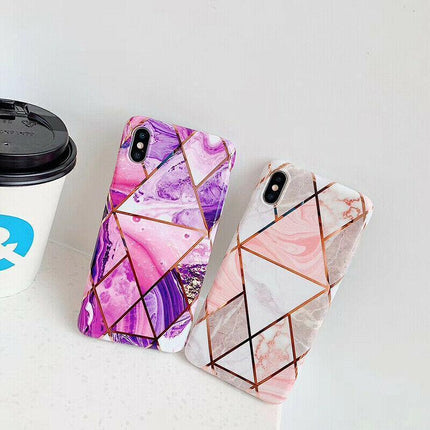 Purple Geometric Marble Case for iPhone 13 12 11 Pro Max XR XS 8 Shockproof Cover Silicone - Aimall