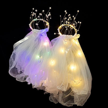 LED Crowns Glowing Headdress Wedding Bride Crowns Pearl Headwear viel party - Aimall