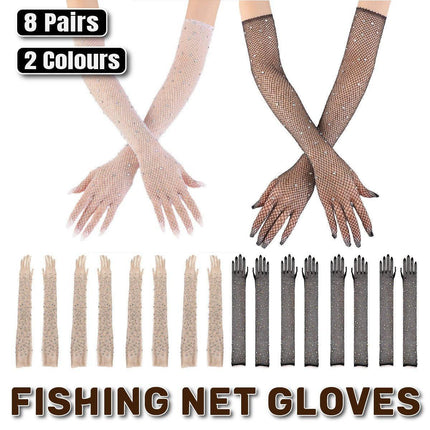 8 Pairs Black White Fishnet Gloves Long Sleeve Rhinestone Party Clubwear